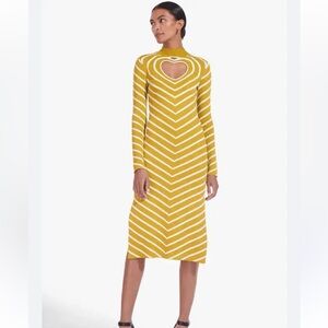 NWT Staud Long Sleeve Castle Midi Dress Chartreuse Chevron Small Heart Cutout